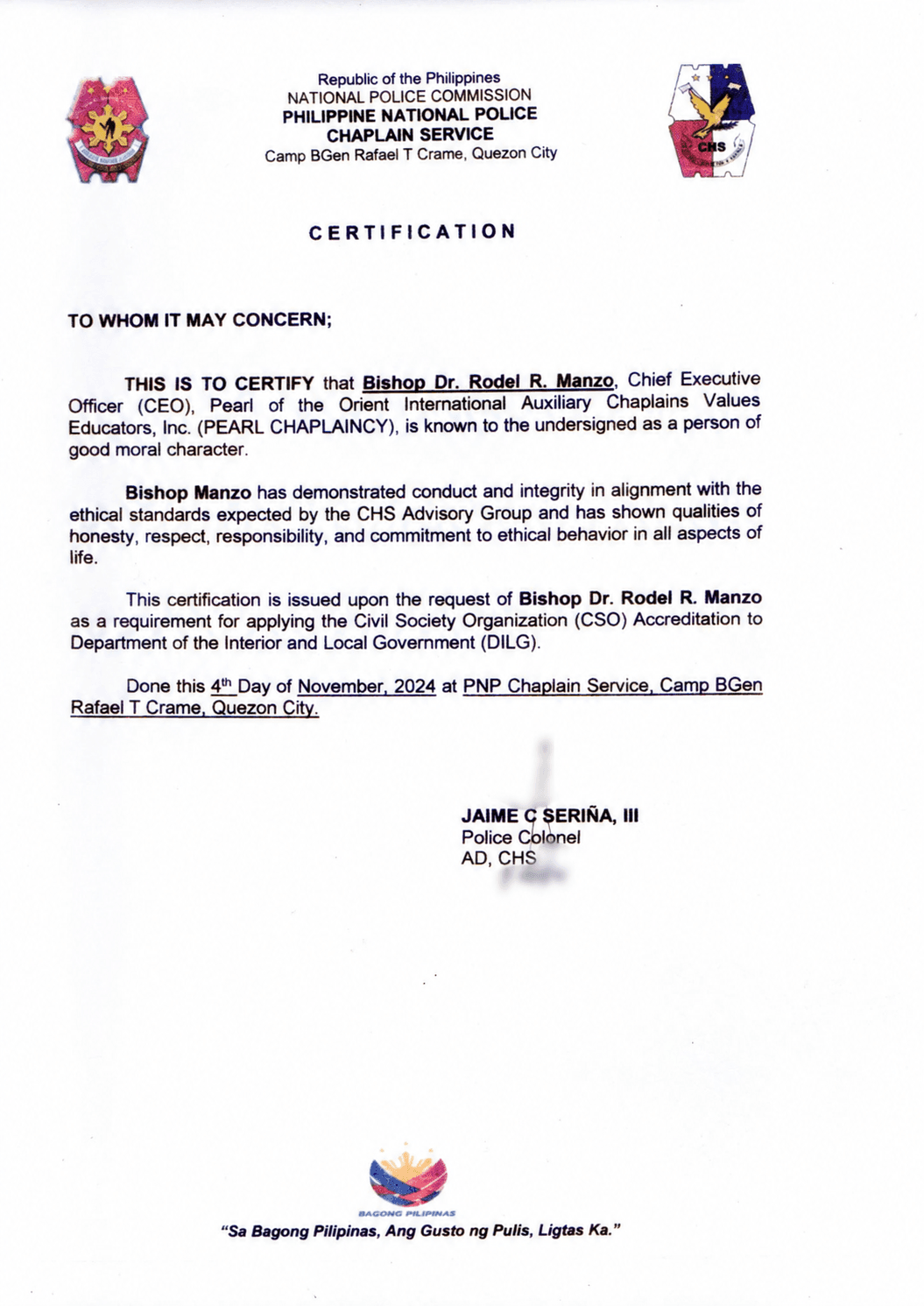 Pearl of the Orient recognition document